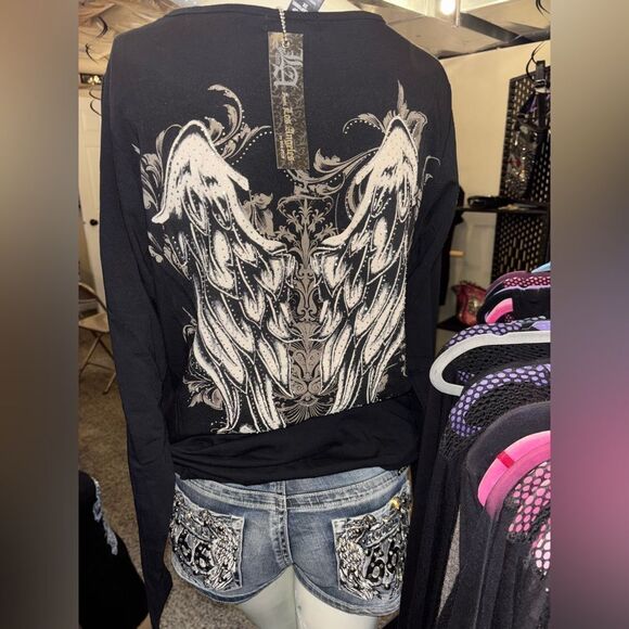 Platinum Plush Angel Wings Rhinestone Eyelet Long Sleeve Top - Picture 1 of 2